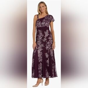 R&M Richards Plum One Shoulder Gown with Flutter Sleeve
